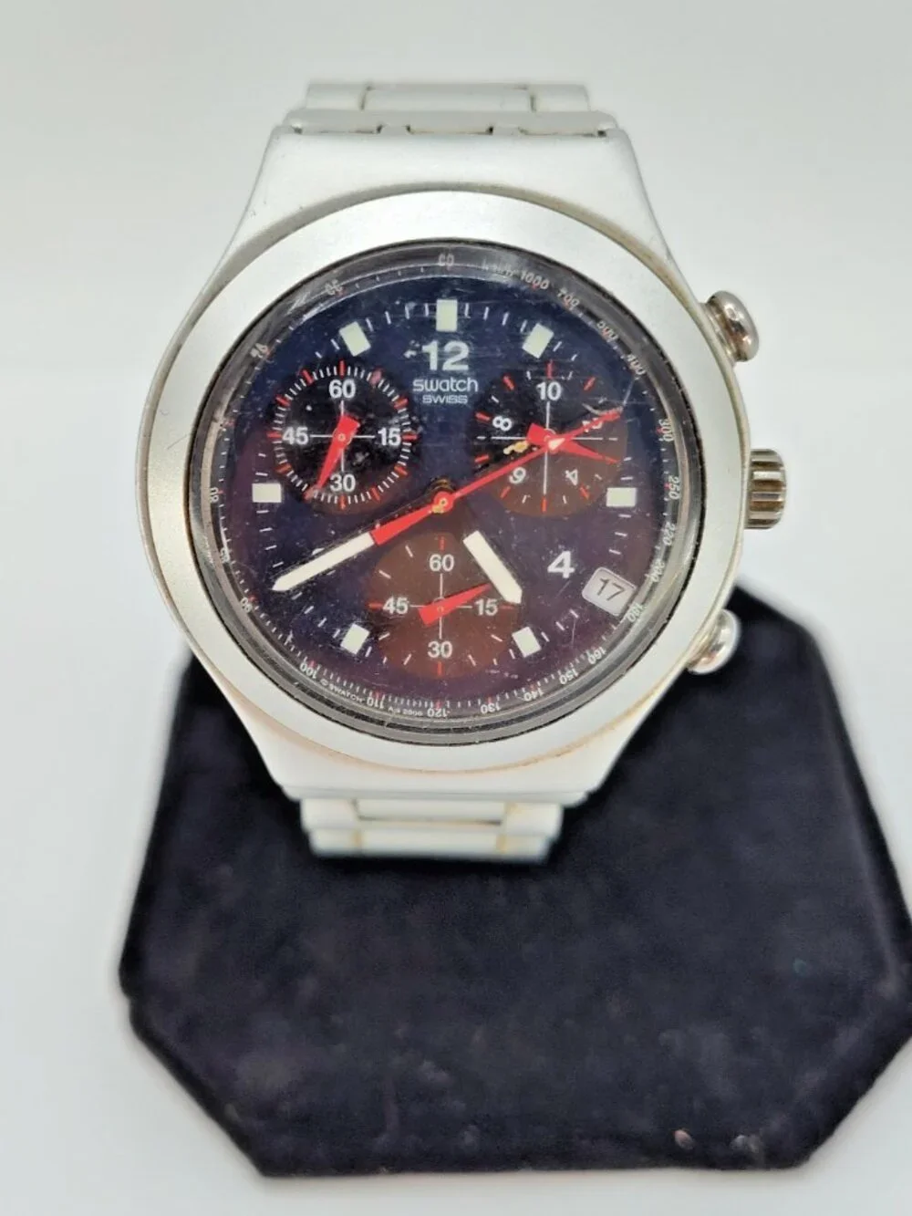 Swatch Irony Chronograph Swiss Made Watch Dark Blue Dial Runs New Battery